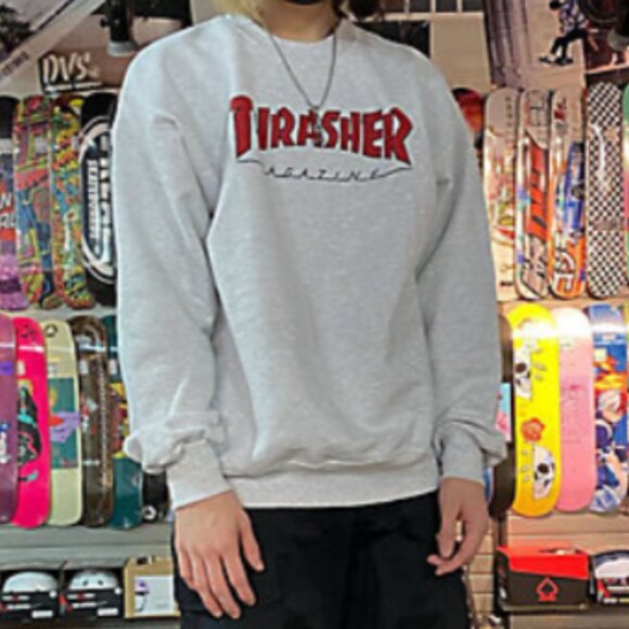 THRASHER Skate Magazine Outline Logo Crewneck Sweatshirt, Grey L - Picture 1 of 5